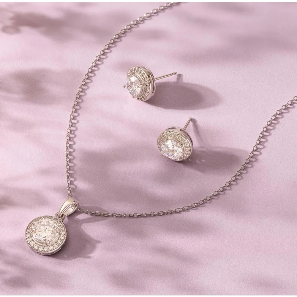 Women's Unbranded Silver Halo Cubic Zirconia Necklace & Earring Set, One Size